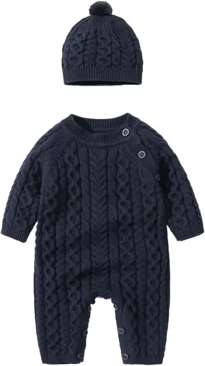 Baby Boys Girls Cable Knit Jumpsuit Outfits Long Sleeve Button Down Sweater NewbornRomper with Warm Hat Set