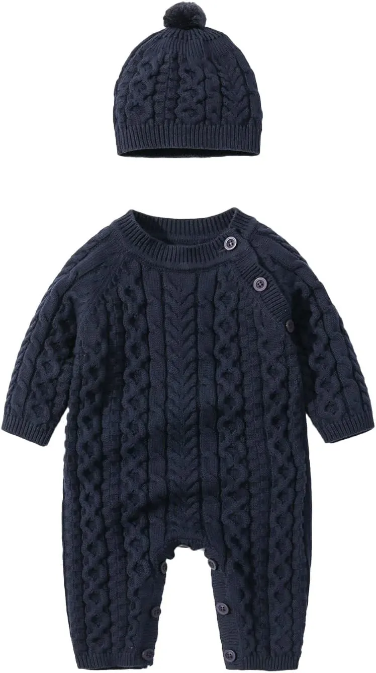 Baby Boys Girls Cable Knit Jumpsuit Outfits Long Sleeve Button Down Sweater NewbornRomper with Warm Hat Set