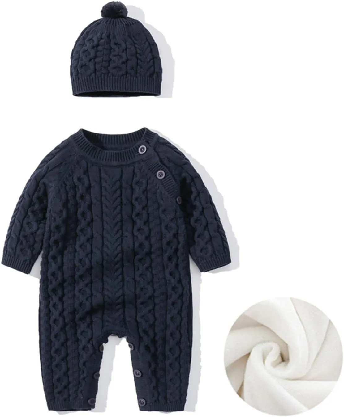 Baby Boys Girls Cable Knit Jumpsuit Outfits Long Sleeve Button Down Sweater NewbornRomper with Warm Hat Set