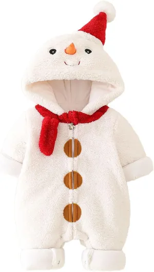 Baby Cute Snowman Jumpsuit Infant Thicken Fleece Hooded Romper Newborn Long Sleeve Zipper Crawl Suit for Boy Girl