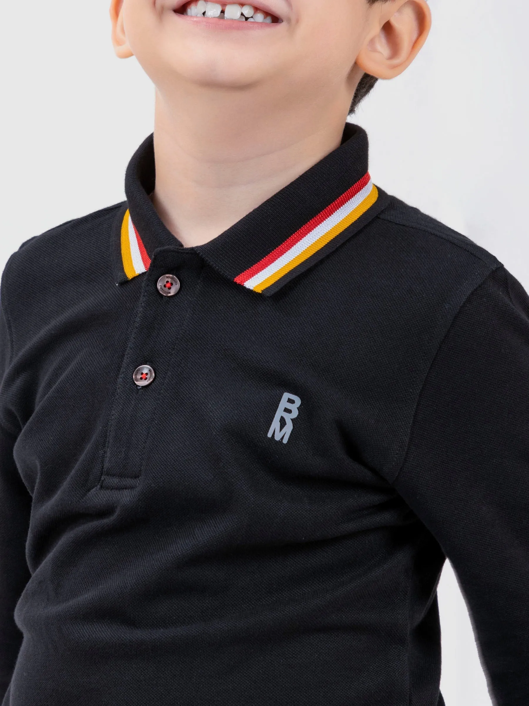 Black Contrasting Tipped Long Sleeve Pique Polo