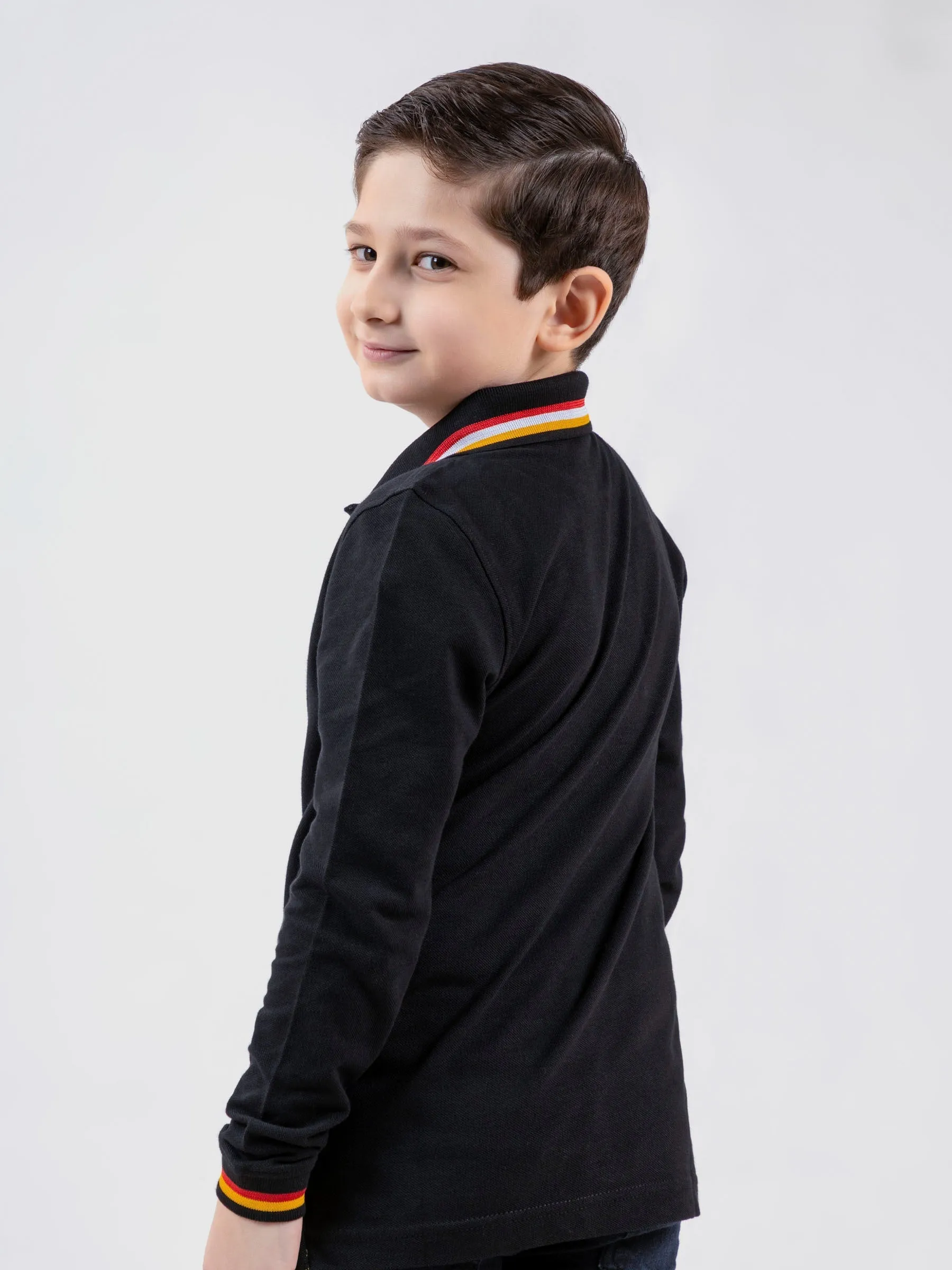 Black Contrasting Tipped Long Sleeve Pique Polo