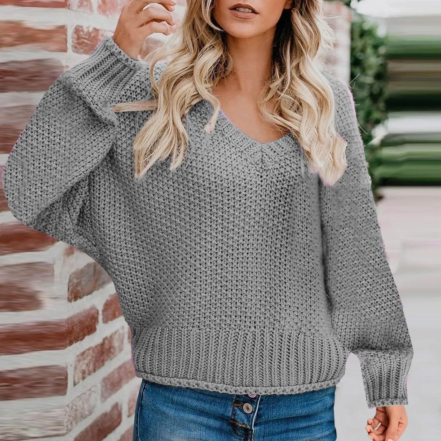 Cable Knit Winter Warm Sweater for Women, Long Sleeve V-Neck Casual Pullover Solid Color Chunky Baggy Sweaters Top