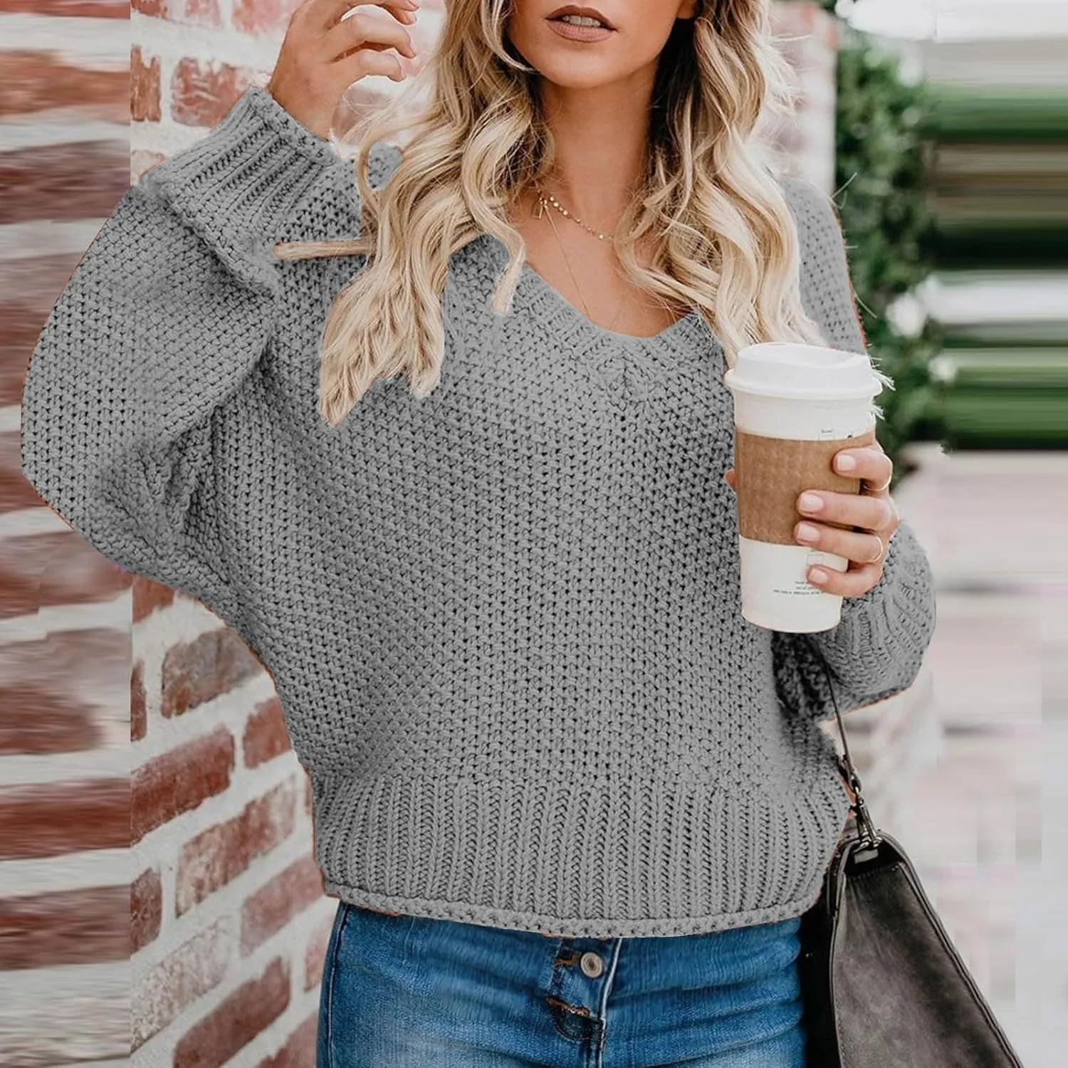 Cable Knit Winter Warm Sweater for Women, Long Sleeve V-Neck Casual Pullover Solid Color Chunky Baggy Sweaters Top