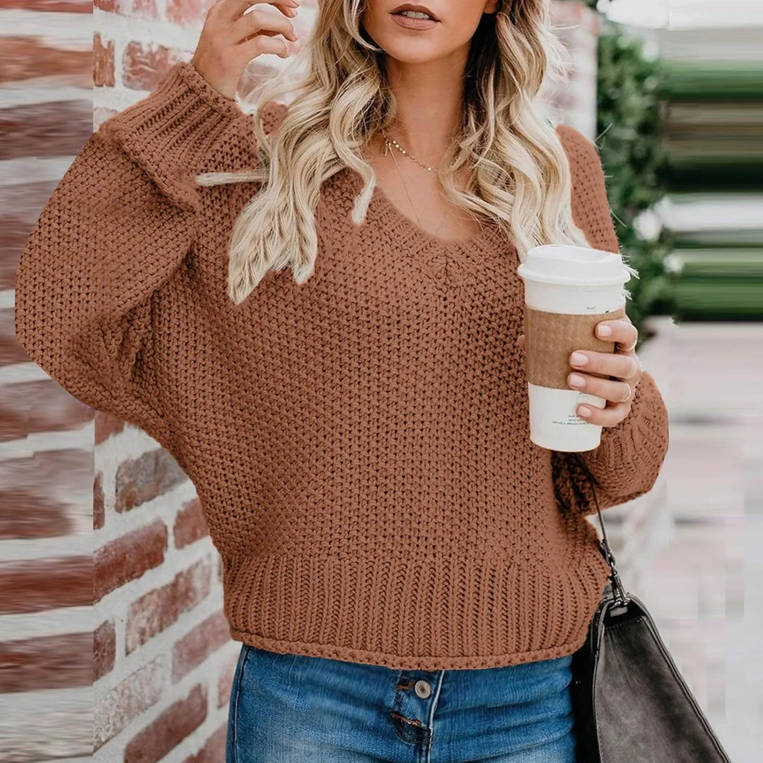 Cable Knit Winter Warm Sweater for Women, Long Sleeve V-Neck Casual Pullover Solid Color Chunky Baggy Sweaters Top