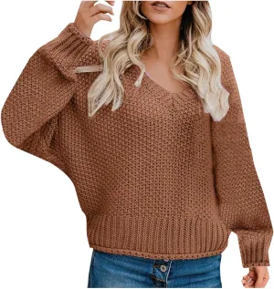 Cable Knit Winter Warm Sweater for Women, Long Sleeve V-Neck Casual Pullover Solid Color Chunky Baggy Sweaters Top