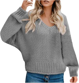 Cable Knit Winter Warm Sweater for Women, Long Sleeve V-Neck Casual Pullover Solid Color Chunky Baggy Sweaters Top