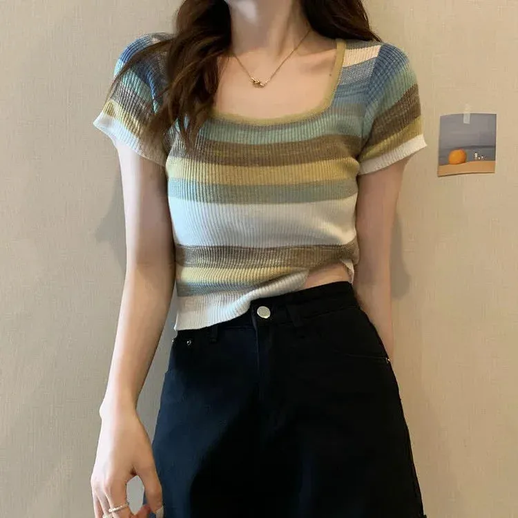Chic Rainbow Striped Colorblock Short Sleeve T-Shirt