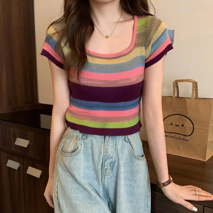 Chic Rainbow Striped Colorblock Short Sleeve T-Shirt