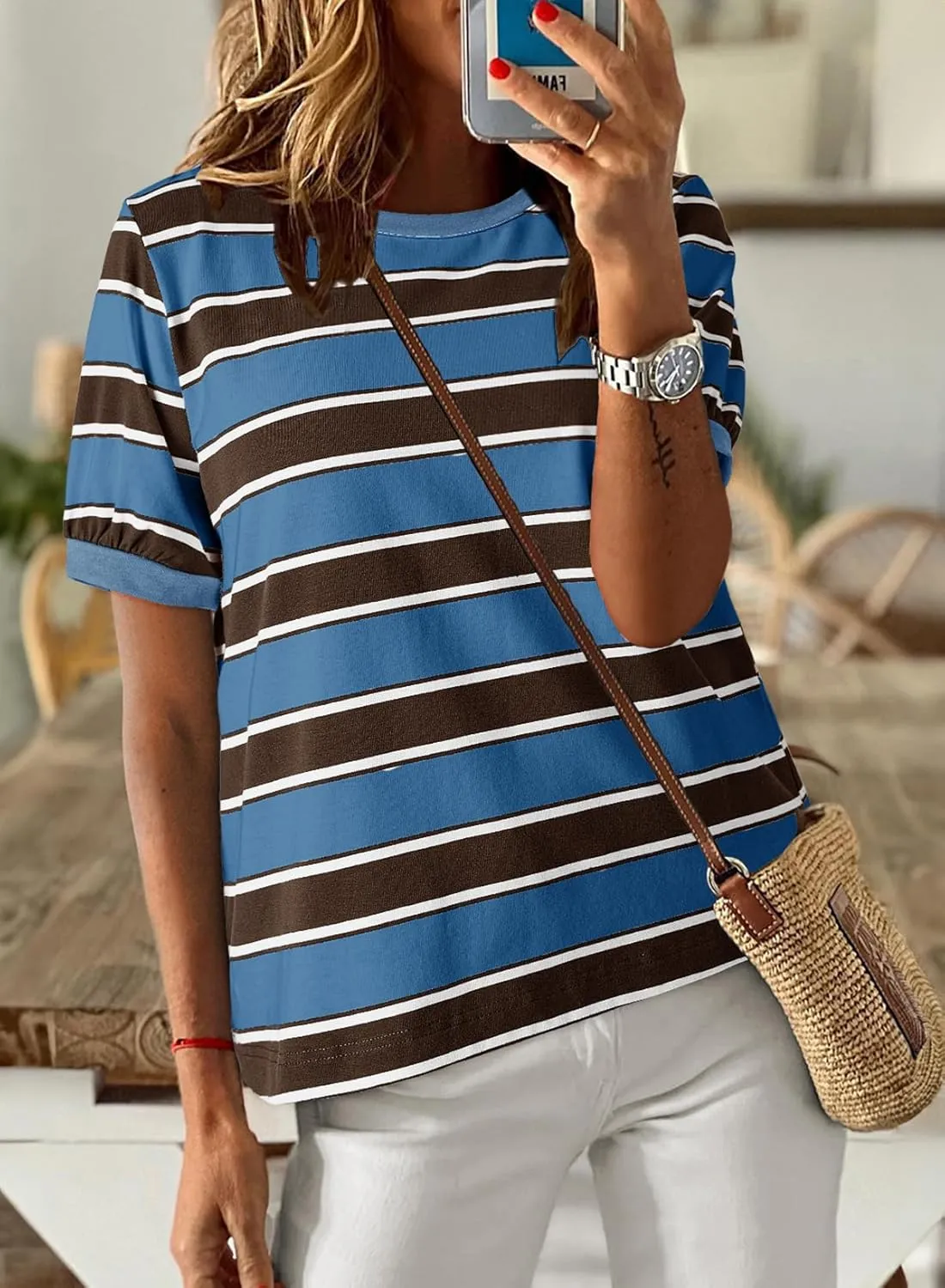 Dokotoo Womens Summer Tops 2025 Striped Color Block Short Sleeve T-Shirts Crewneck Casual Loose Basic Tee Blouses