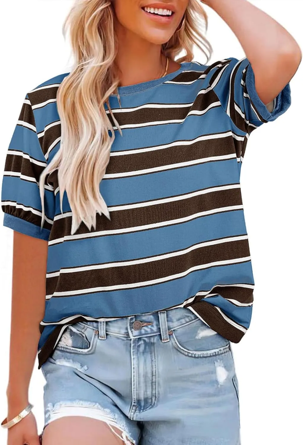 Dokotoo Womens Summer Tops 2025 Striped Color Block Short Sleeve T-Shirts Crewneck Casual Loose Basic Tee Blouses