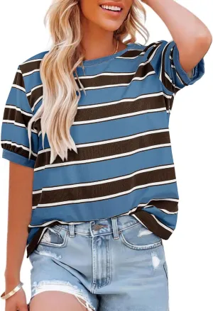 Dokotoo Womens Summer Tops 2025 Striped Color Block Short Sleeve T-Shirts Crewneck Casual Loose Basic Tee Blouses