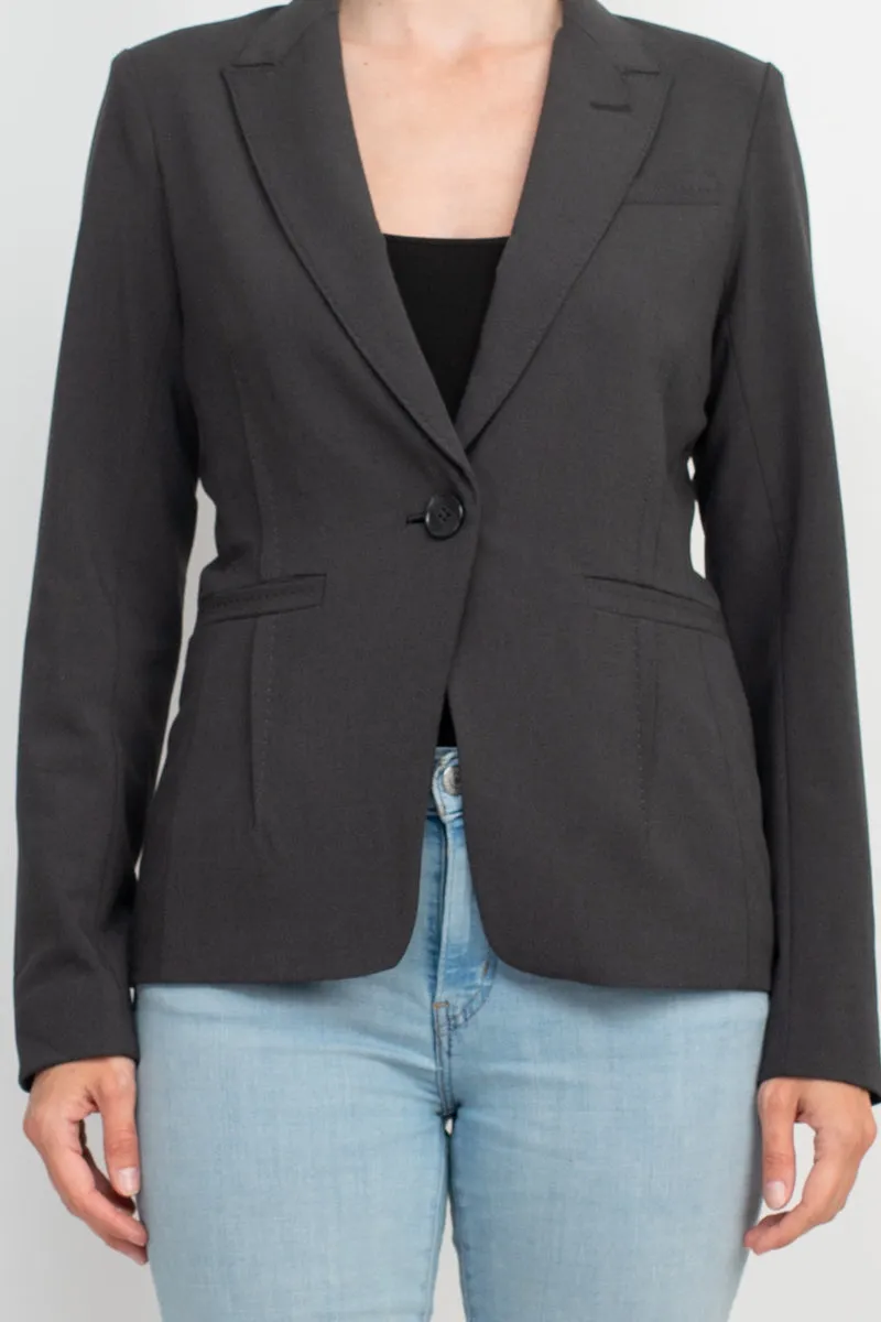 Ecru Designs Lapel Collar One Button Long Sleeve Silt Back Crepe Blazer