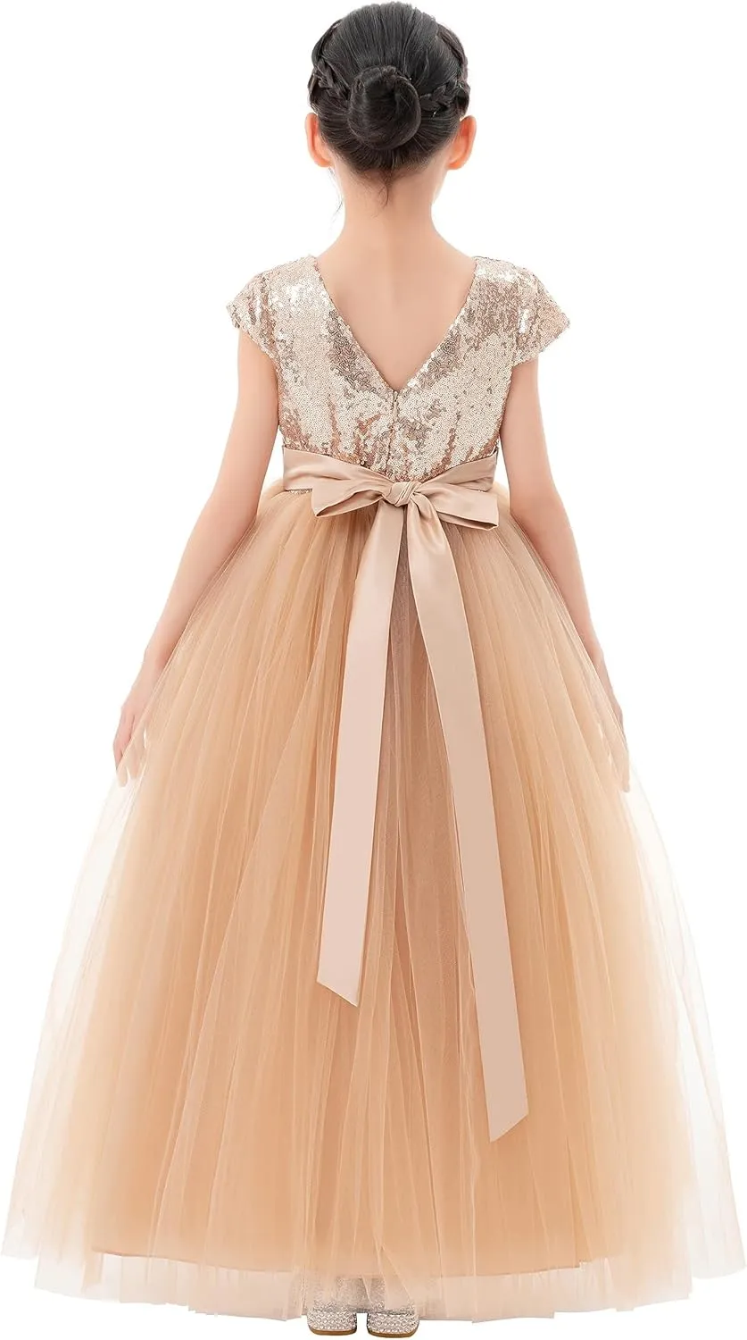 ekidsbridal Sequins V-Back Cap Sleeves Formal Flower Girl Dresses for Junior Pageants 323