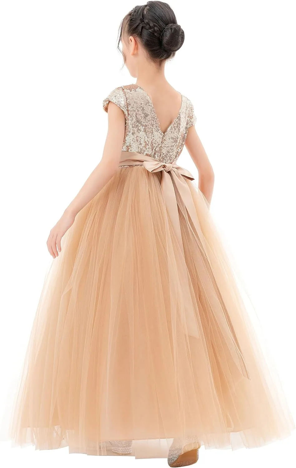 ekidsbridal Sequins V-Back Cap Sleeves Formal Flower Girl Dresses for Junior Pageants 323