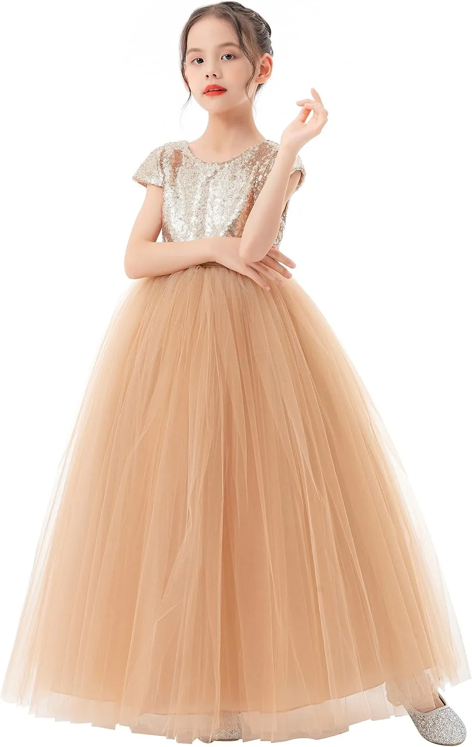 ekidsbridal Sequins V-Back Cap Sleeves Formal Flower Girl Dresses for Junior Pageants 323