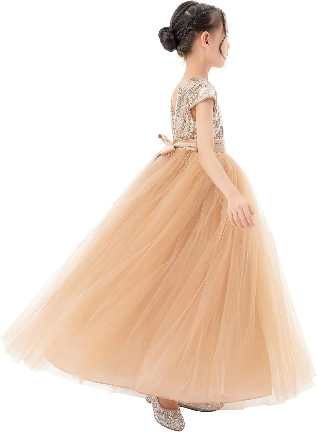 ekidsbridal Sequins V-Back Cap Sleeves Formal Flower Girl Dresses for Junior Pageants 323