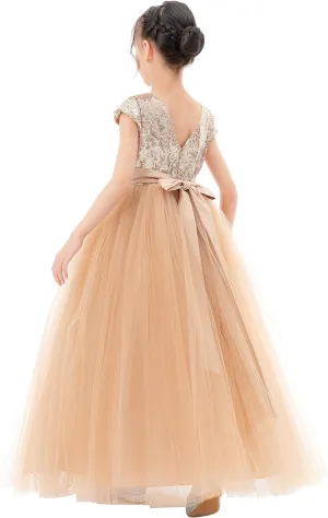 ekidsbridal Sequins V-Back Cap Sleeves Formal Flower Girl Dresses for Junior Pageants 323