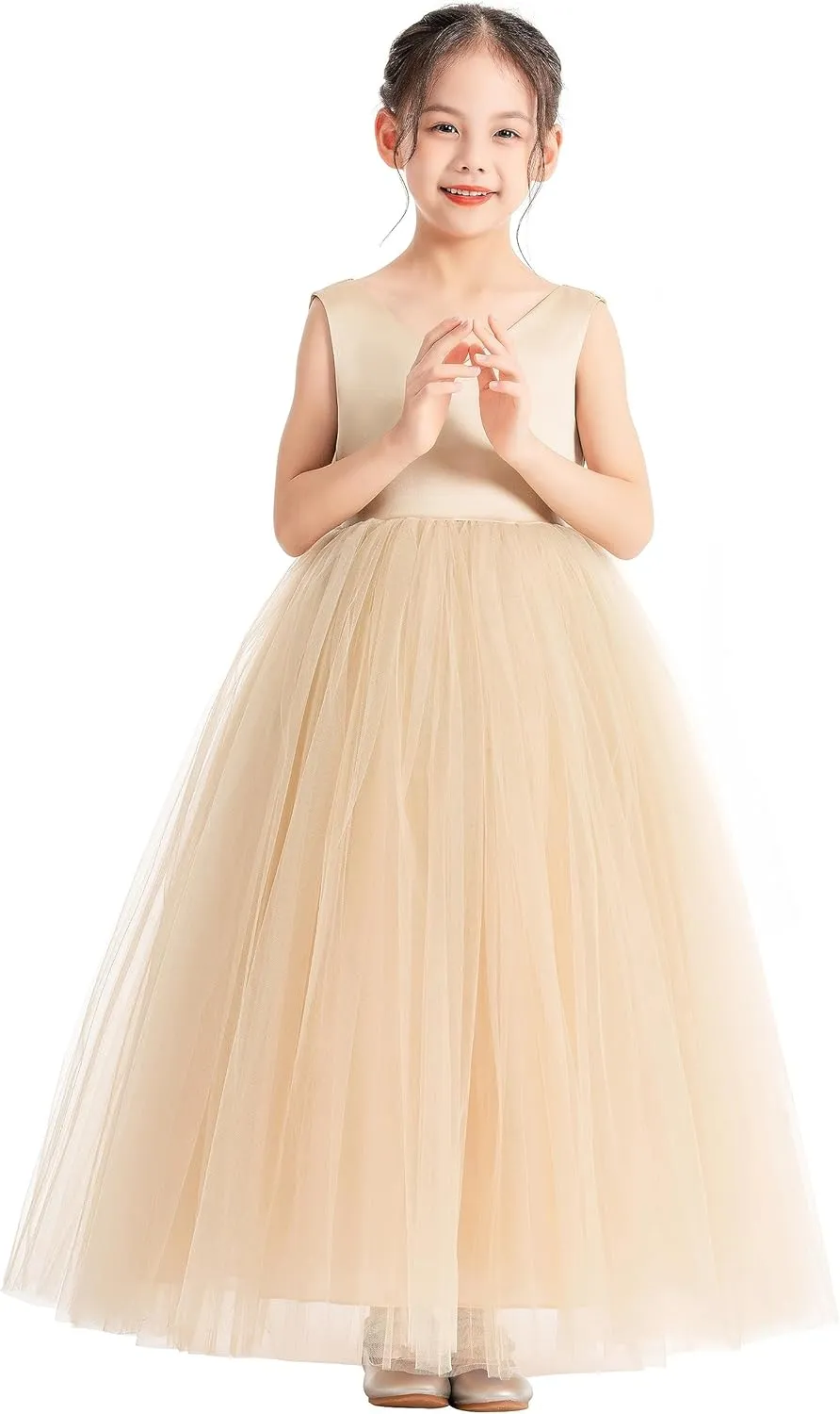 ekidsbridal V-Neck Satin Flower Girl Dress for Special Occasions Pretty Princess Gown 522