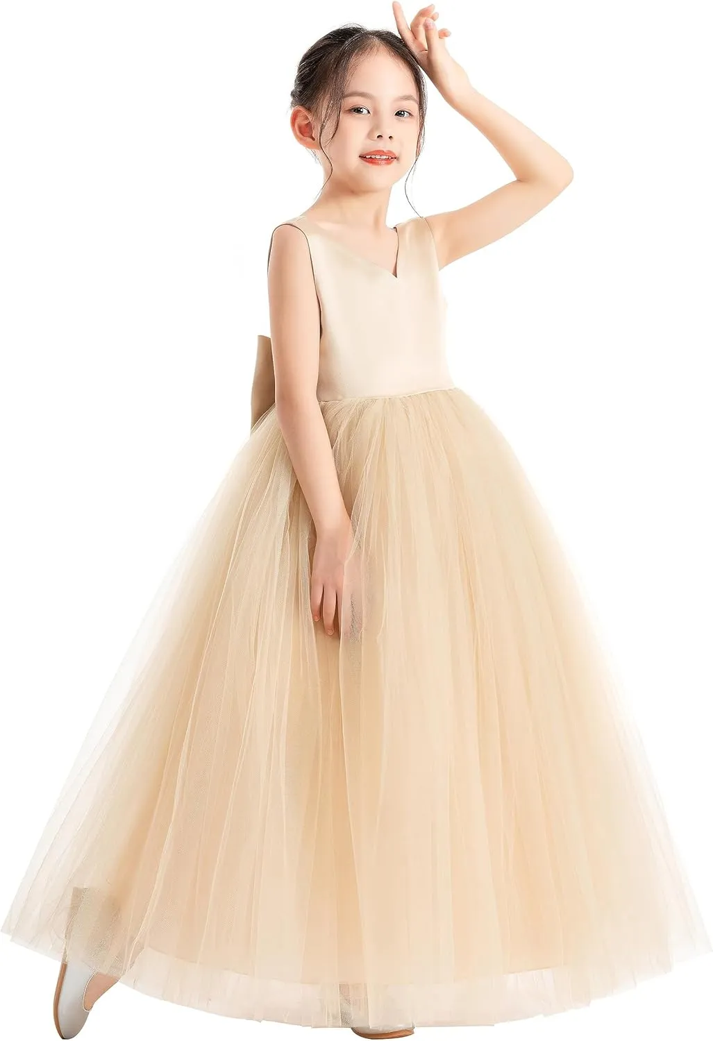 ekidsbridal V-Neck Satin Flower Girl Dress for Special Occasions Pretty Princess Gown 522