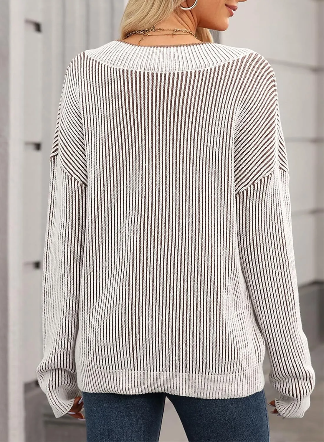 EVALESS Sweater for Women 2024 Fall Trendy V Neck Long Sleeve Pullover Sweaters Loose Casual Color Block Ribbed Knit Tops