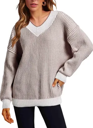 EVALESS Sweater for Women 2024 Fall Trendy V Neck Long Sleeve Pullover Sweaters Loose Casual Color Block Ribbed Knit Tops