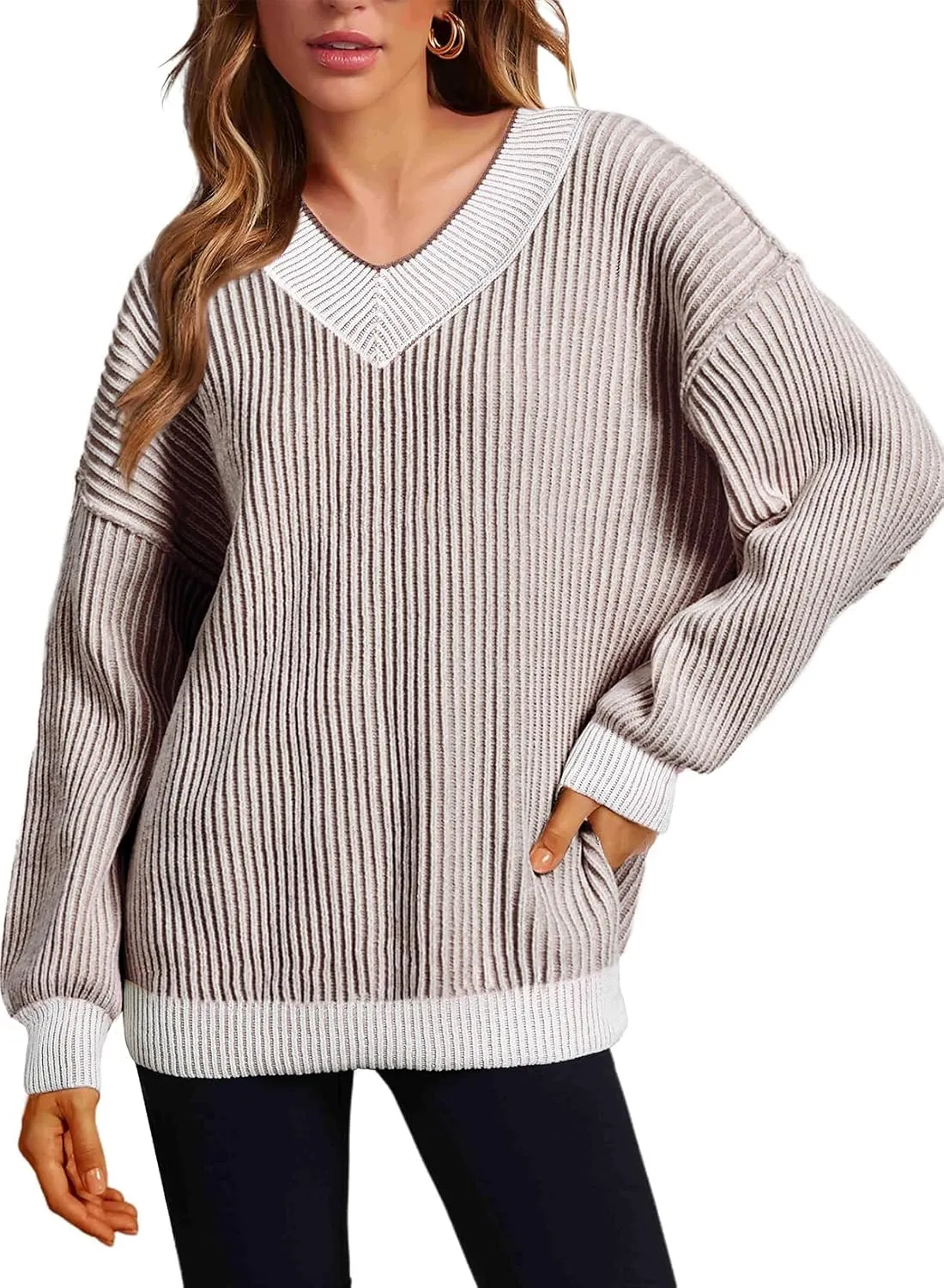 EVALESS Sweater for Women 2024 Fall Trendy V Neck Long Sleeve Pullover Sweaters Loose Casual Color Block Ribbed Knit Tops