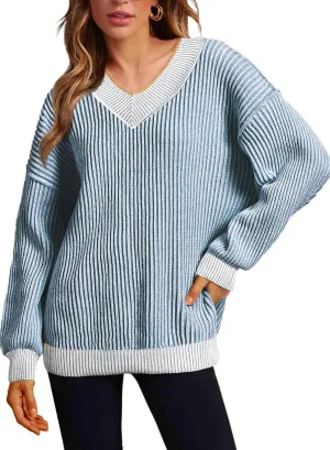 EVALESS Sweater for Women 2024 Fall Trendy V Neck Long Sleeve Pullover Sweaters Loose Casual Color Block Ribbed Knit Tops