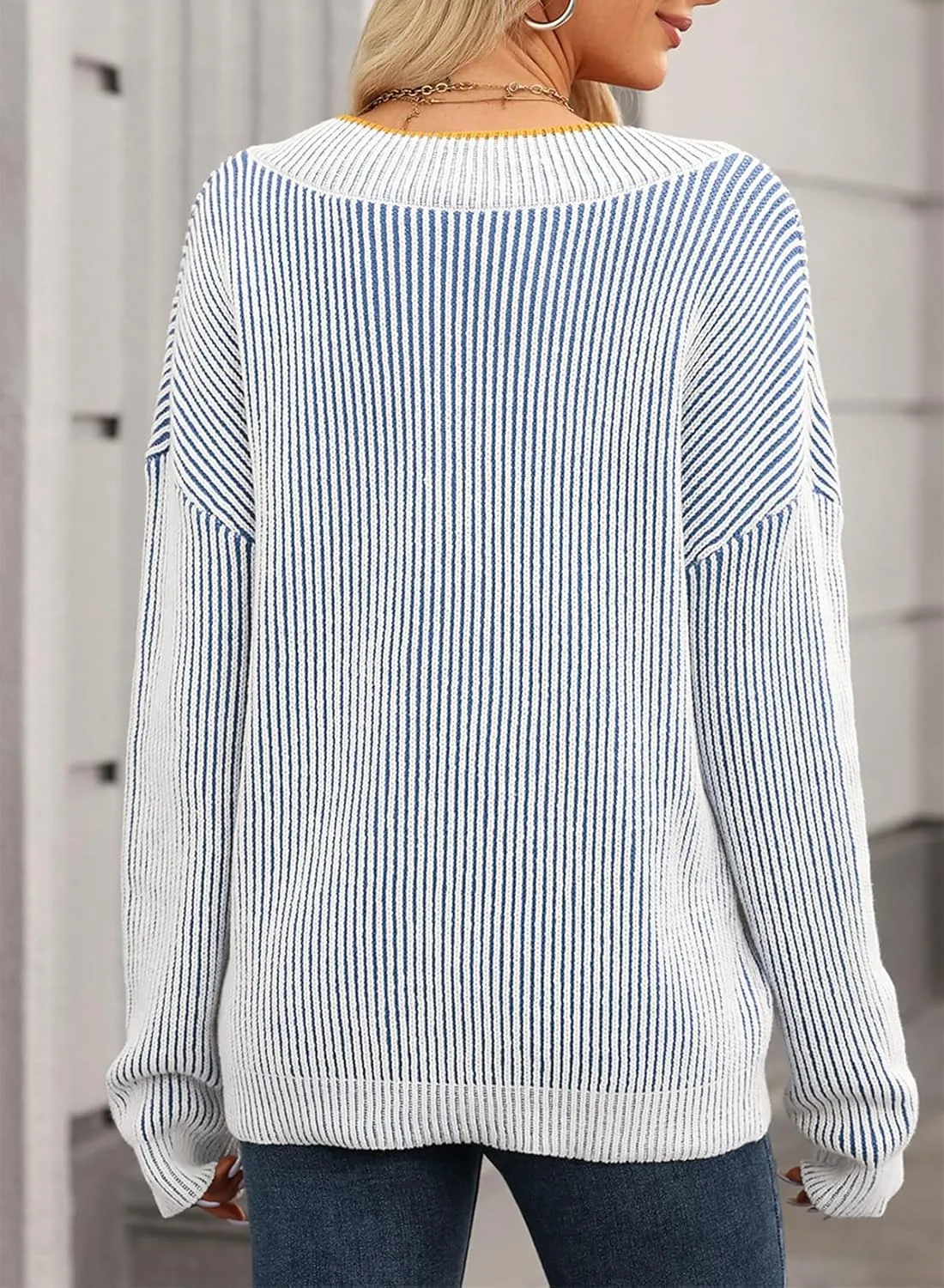 EVALESS Sweater for Women 2024 Fall Trendy V Neck Long Sleeve Pullover Sweaters Loose Casual Color Block Ribbed Knit Tops