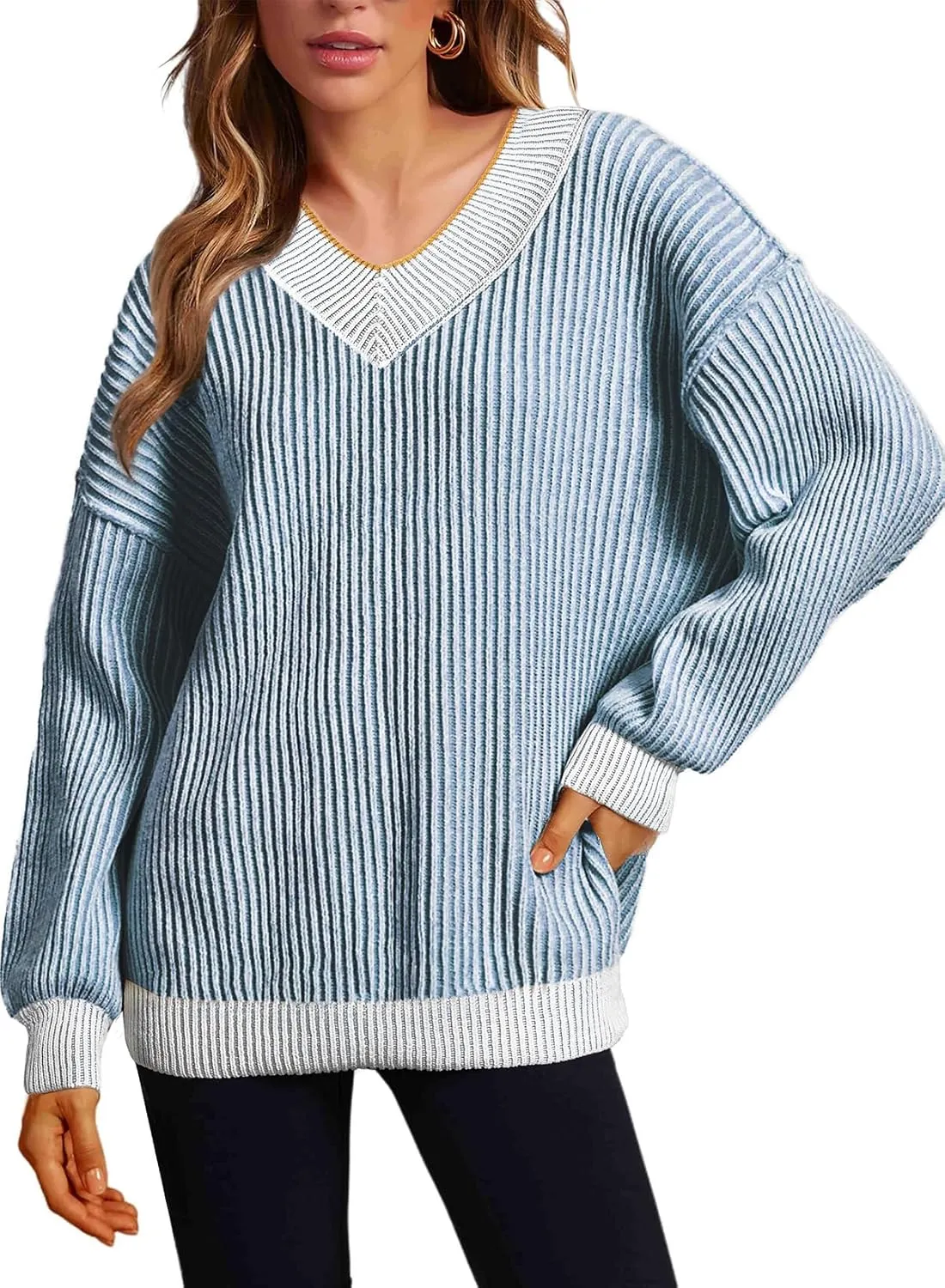 EVALESS Sweater for Women 2024 Fall Trendy V Neck Long Sleeve Pullover Sweaters Loose Casual Color Block Ribbed Knit Tops
