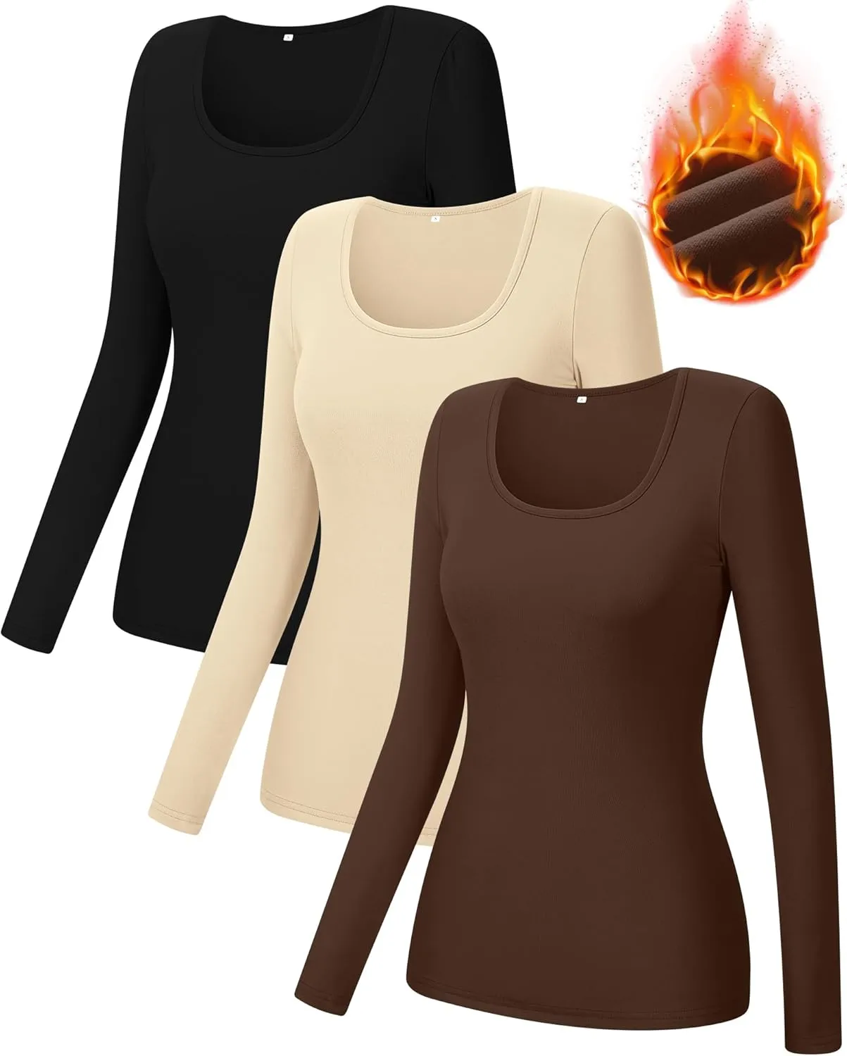 Ficerd 3 Pack Women's Thermal Long Sleeve Shirts Fleece Lined Scoop Neck Stretch Fitted Tops Winter Base Layer Underwear