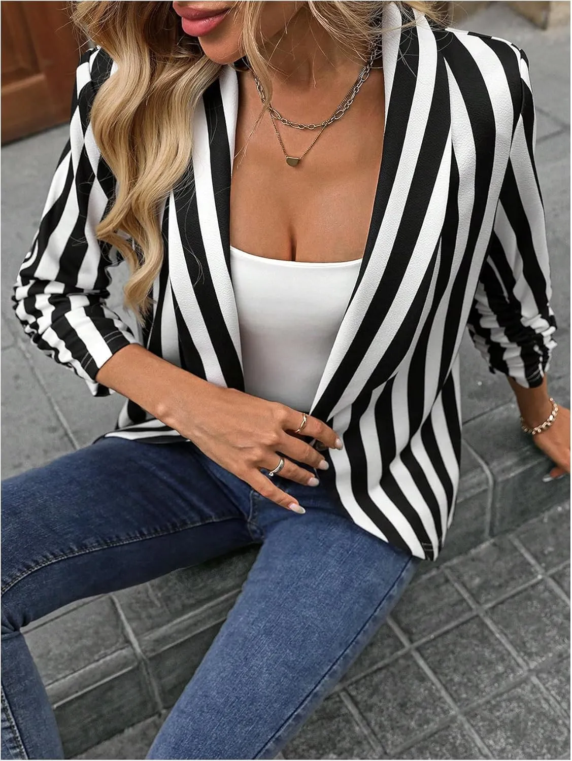 Floerns Women's Casual Work Office Open Front Striped Blazer