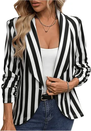 Floerns Women's Casual Work Office Open Front Striped Blazer