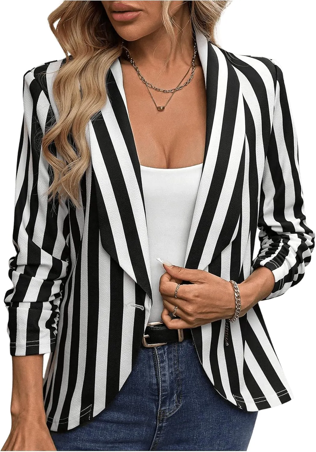 Floerns Women's Casual Work Office Open Front Striped Blazer