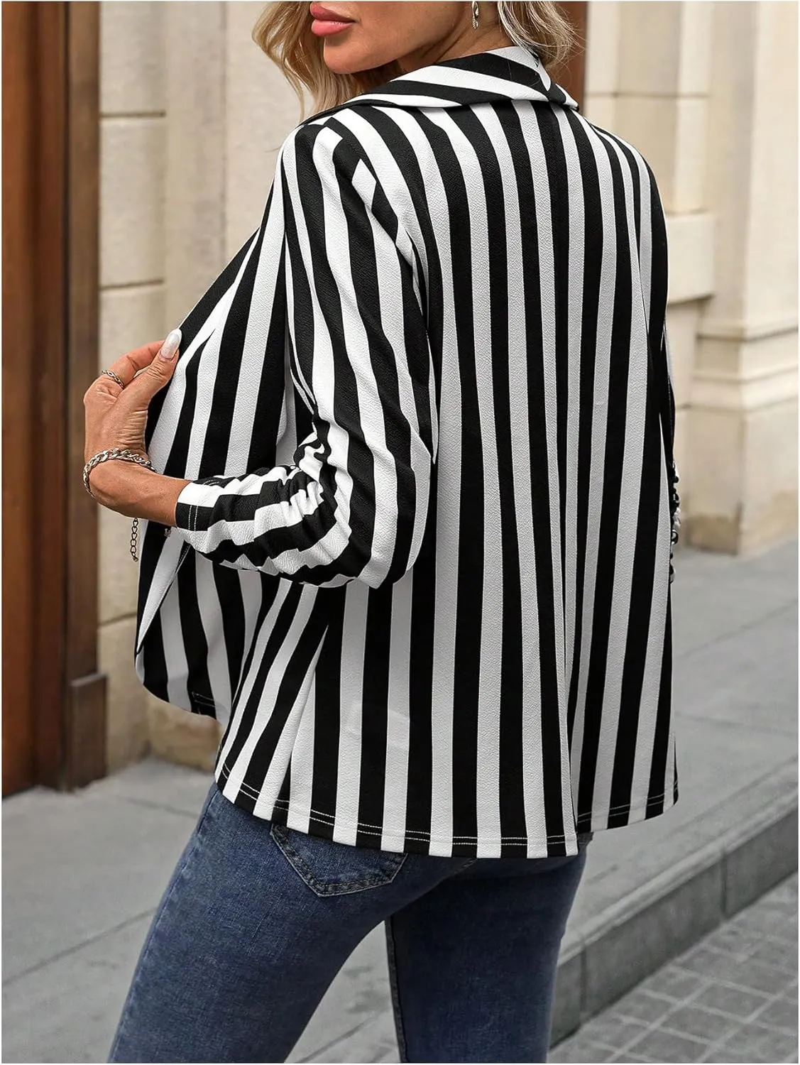 Floerns Women's Casual Work Office Open Front Striped Blazer