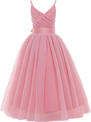 Glamulice Flower Girls Spaghetti Strap Tulle Dress Long A Line Wedding Pageant Dresses Princess Birthday Party Ball Gown