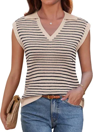 GRACE KARIN Women's Cap Sleeve Sweater Vest Top Y2K Striped V Neck Collar Neck Summer Knit Tank Top 2025 Fashion Outfits