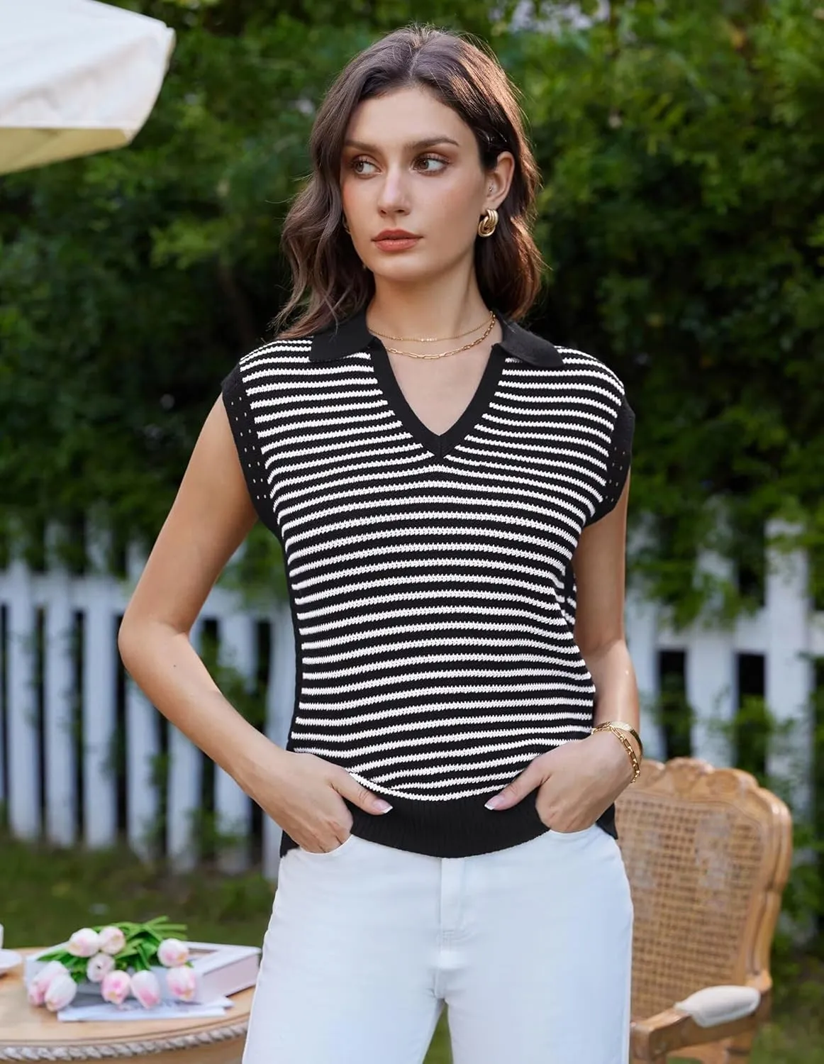 GRACE KARIN Women's Cap Sleeve Sweater Vest Top Y2K Striped V Neck Collar Neck Summer Knit Tank Top 2025 Fashion Outfits