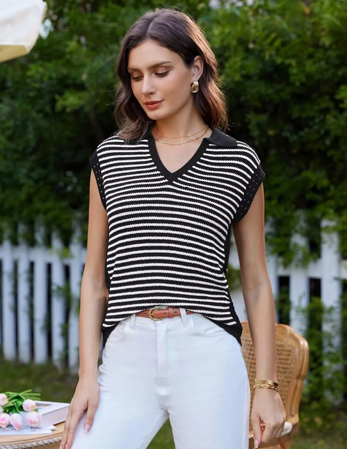 GRACE KARIN Women's Cap Sleeve Sweater Vest Top Y2K Striped V Neck Collar Neck Summer Knit Tank Top 2025 Fashion Outfits