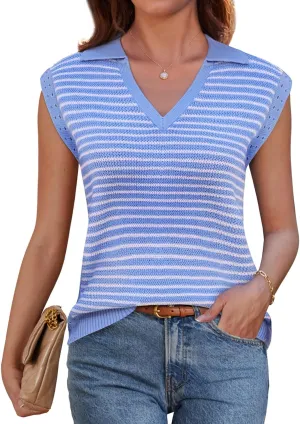 GRACE KARIN Women's Cap Sleeve Sweater Vest Top Y2K Striped V Neck Collar Neck Summer Knit Tank Top 2025 Fashion Outfits