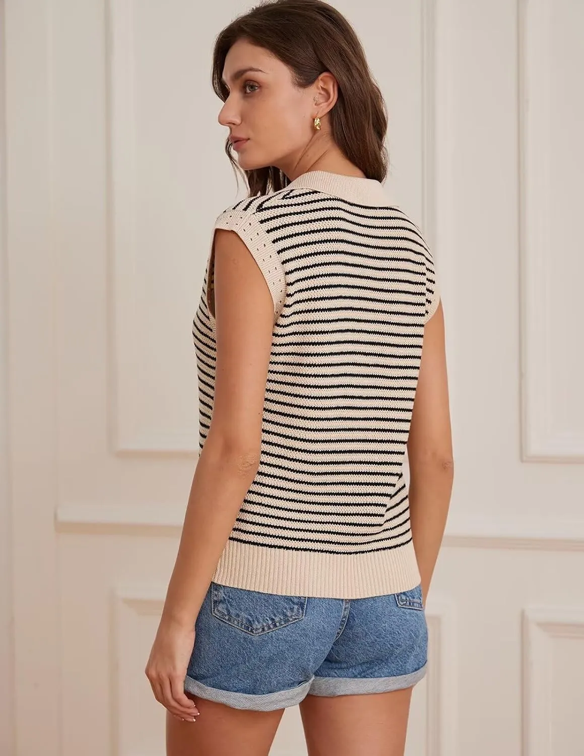 GRACE KARIN Women's Cap Sleeve Sweater Vest Top Y2K Striped V Neck Collar Neck Summer Knit Tank Top 2025 Fashion Outfits