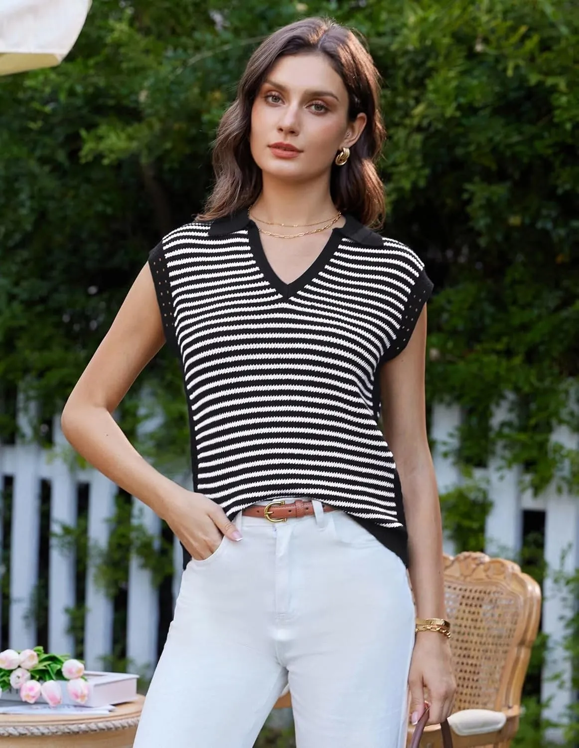 GRACE KARIN Women's Cap Sleeve Sweater Vest Top Y2K Striped V Neck Collar Neck Summer Knit Tank Top 2025 Fashion Outfits