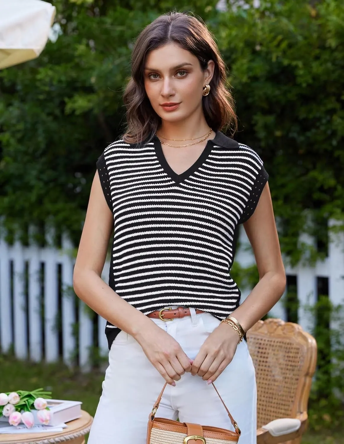 GRACE KARIN Women's Cap Sleeve Sweater Vest Top Y2K Striped V Neck Collar Neck Summer Knit Tank Top 2025 Fashion Outfits