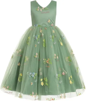 IDOPIP Embroidery Flower Girl Lace Dress for Kids Wedding Pageant Party First Communion Dresses Princess Bridesmaid Maxi Gown