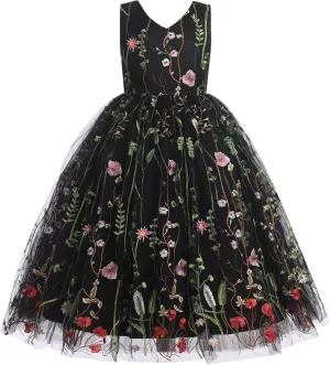 IDOPIP Embroidery Flower Girl Lace Dress for Kids Wedding Pageant Party First Communion Dresses Princess Bridesmaid Maxi Gown