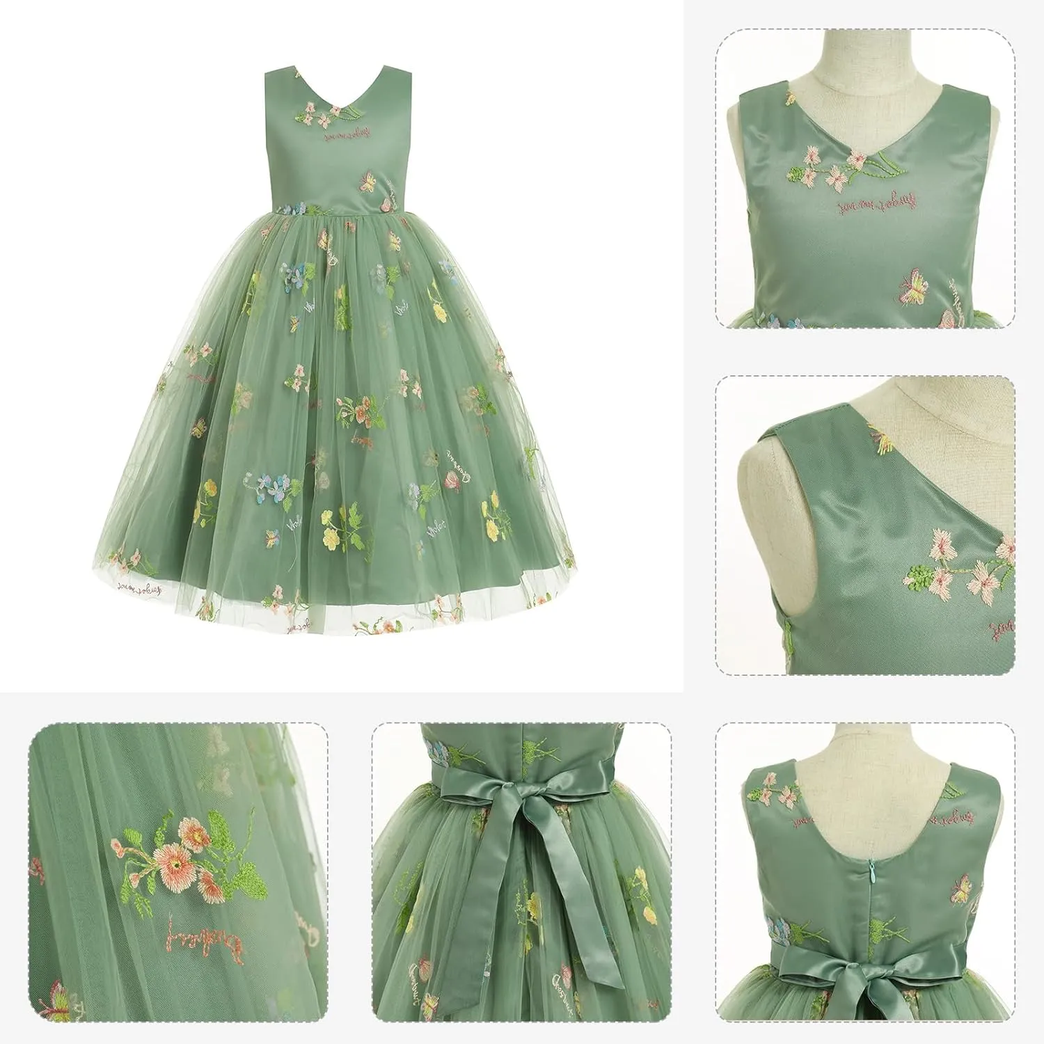 IDOPIP Embroidery Flower Girl Lace Dress for Kids Wedding Pageant Party First Communion Dresses Princess Bridesmaid Maxi Gown