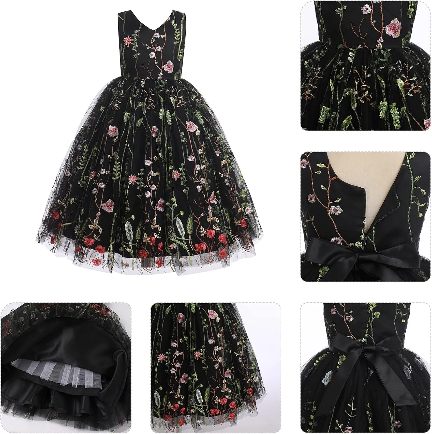 IDOPIP Embroidery Flower Girl Lace Dress for Kids Wedding Pageant Party First Communion Dresses Princess Bridesmaid Maxi Gown