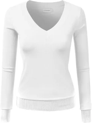 JJ Perfection Simple V-Neck Long Sleeve Pullover Essential Casual Soft Knit Fitted Sweaters for Womens Clothes with Plus Size