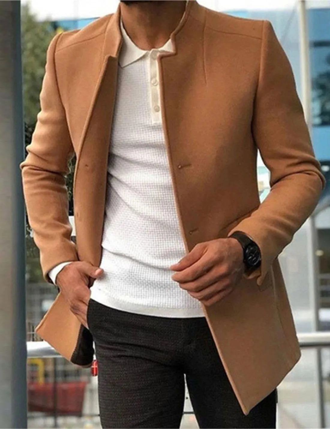 Kinkia Mens Wool Blend Pea Coat Winter Classic Slim Fit Single Breasted Mid Long Business Trenchcoat Overcoat