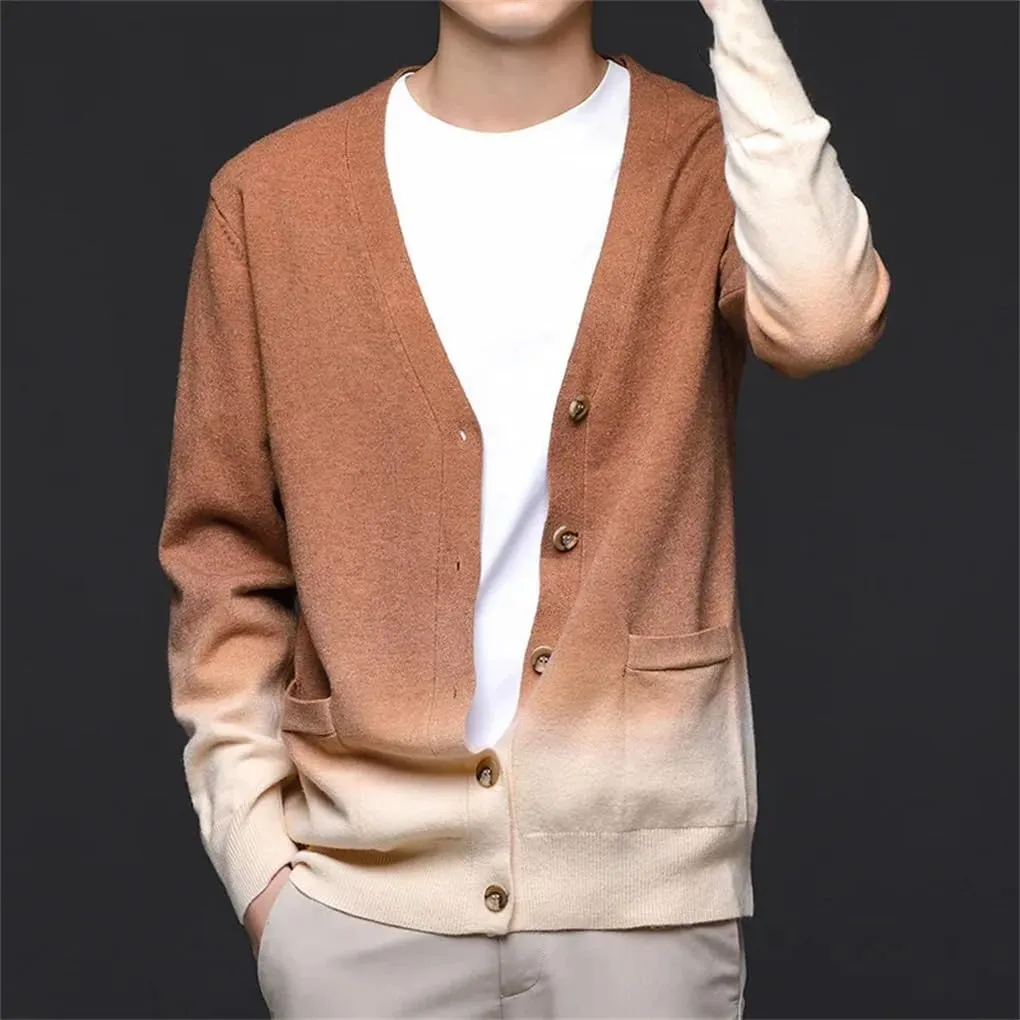 Men's V-Neck Gradient Casual Knitted Cardigan Jacket Solid Color Casual Loose Simple Sweater Cardigan